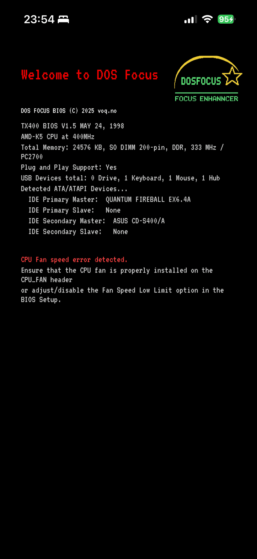 DOS Focus bootup BIOS screen