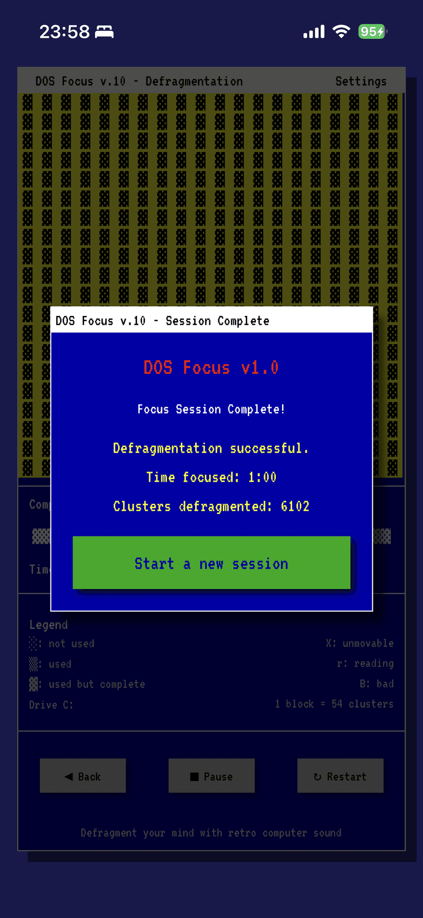 DOS Focus defrag completion screen